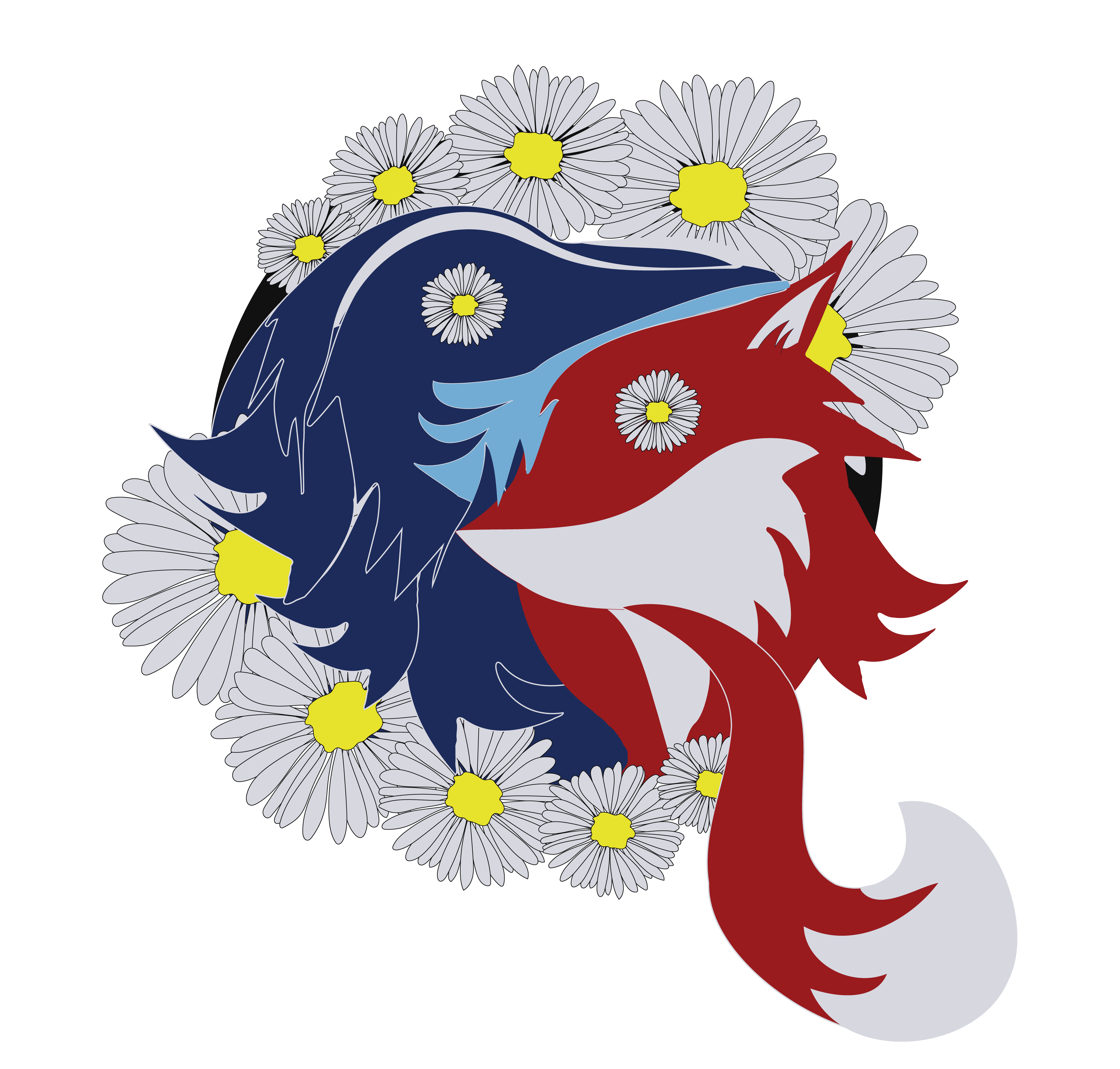 QuirkNSpite Logo, text free. Crox and Fox, surrounded with daisies with the vague shape of a Q.