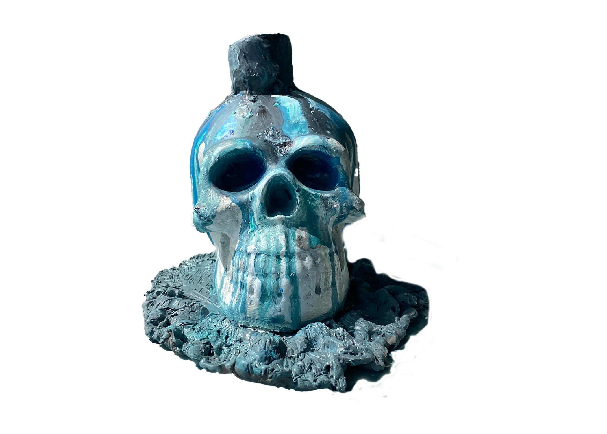 Blue and Black "Skull"-pture candle holder made by Cassandra. 